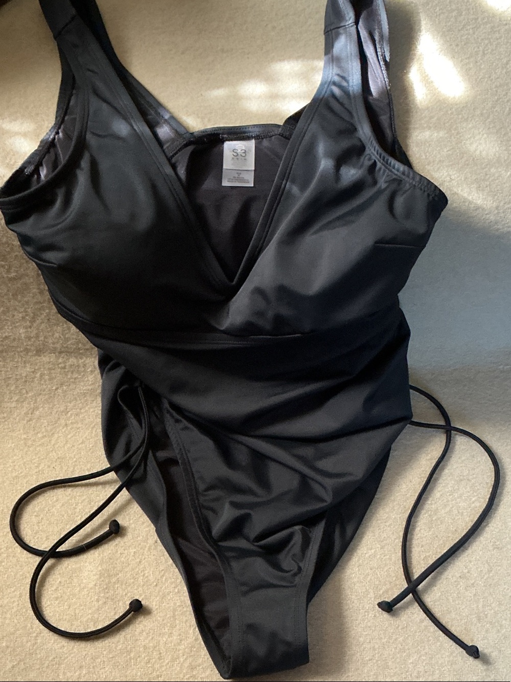 Black V-Neck One-Piece Swimsuit with Side Tie Detail